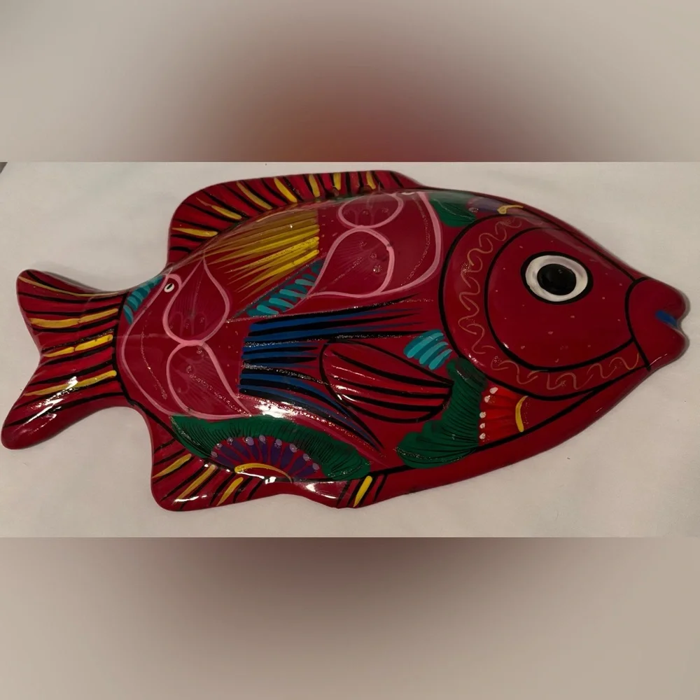 Vintage Talavera Mexican Red Clay Pottery Hand Painted Wall Décor